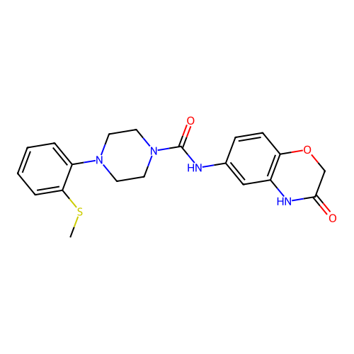 4-[2-(methylsulfanyl)phenyl]-N-(3-oxo-3,4-dihydro-2H-1,4-benzoxazin-6-yl)tetrahydro-1(2H)-pyrazinecarboxamide structure