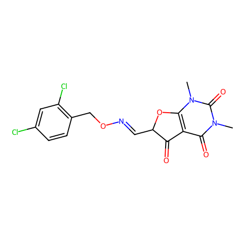 6-[(2,4-dichlorophenyl)methoxyiminomethyl]-1,3-dimethylfuro[2,3-d]pyrimidine-2,4,5-trione structure