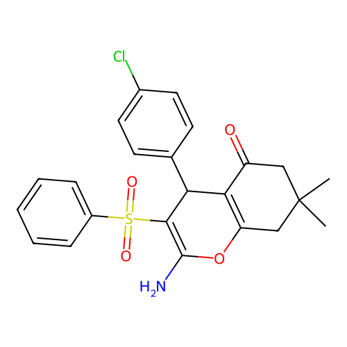 2-amino-4-(4-chlorophenyl)-7,7-dimethyl-3-(phenylsulfonyl)-4,6,7,8-tetrahydro-5H-chromen-5-one structure