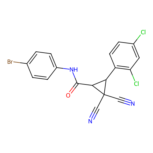 N-(4-bromophenyl)-2,2-dicyano-3-(2,4-dichlorophenyl)cyclopropane-1-carboxamide structure