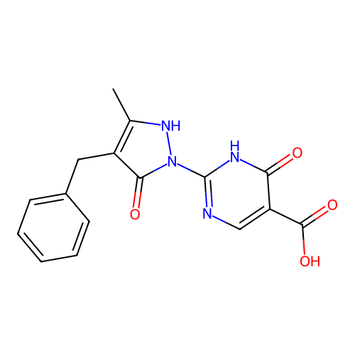 2-(4-benzyl-3-methyl-5-oxo-2,5-dihydro-1H-pyrazol-1-yl)-6-oxo-1,6-dihydro-5-pyrimidinecarboxylic acid structure