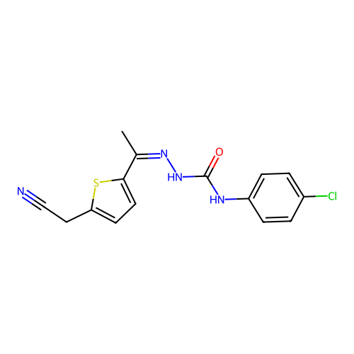 N-(4-chlorophenyl)-2-{1-[5-(cyanomethyl)-2-thienyl]ethylidene}-1-hydrazinecarboxamide structure