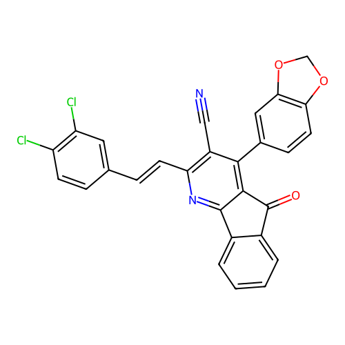 4-(1,3-benzodioxol-5-yl)-2-(3,4-dichlorostyryl)-5-oxo-5H-indeno[1,2-b]pyridine-3-carbonitrile structure