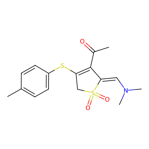 3-acetyl-2-[(E)-(dimethylamino)methylidene]-4-[(4-methylphenyl)sulfanyl]-2,5-dihydro-1H-1lambda~6~-thiophene-1,1-dione structure