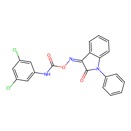 [(2-oxo-1-phenyl-indol-3-ylidene)amino] N-(3,5-dichlorophenyl)carbamate structure