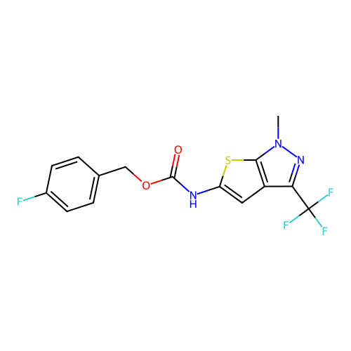 (4-fluorophenyl)methyl N-[1-methyl-3-(trifluoromethyl)thieno[2,3-c]pyrazol-5-yl]carbamate structure