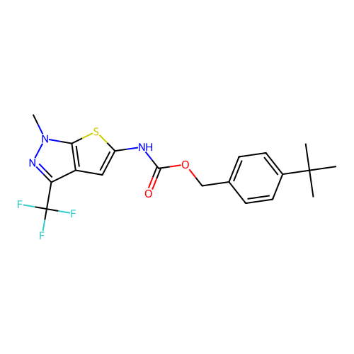 4-(tert-butyl)benzyl N-[1-methyl-3-(trifluoromethyl)-1H-thieno[2,3-c]pyrazol-5-yl]carbamate structure