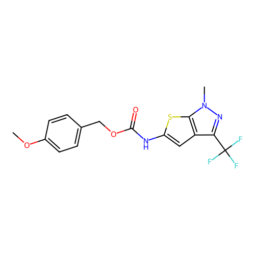 4-methoxybenzyl N-[1-methyl-3-(trifluoromethyl)-1H-thieno[2,3-c]pyrazol-5-yl]carbamate structure