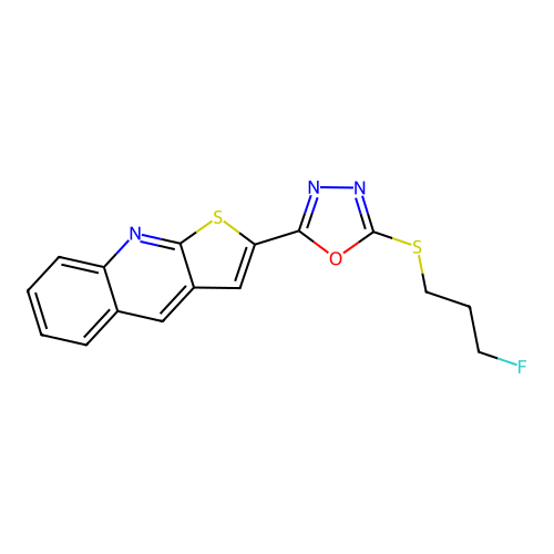 2-{5-[(3-Fluoropropyl)sulfanyl]-1,3,4-oxadiazol-2-yl}thieno[2,3-b]quinoline structure