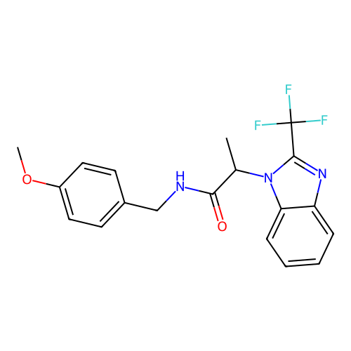 N-(4-methoxybenzyl)-2-[2-(trifluoromethyl)-1H-1,3-benzimidazol-1-yl]propanamide structure
