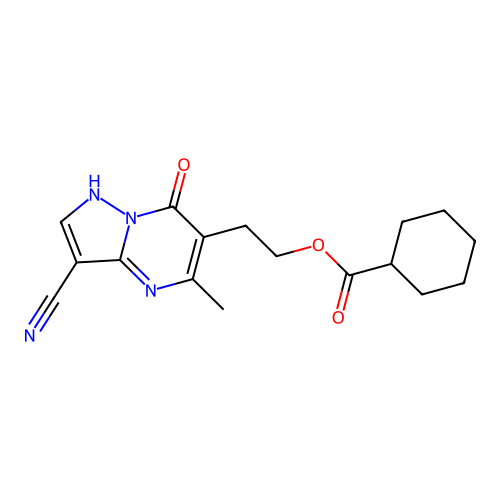 2-(3-cyano-5-methyl-7-oxo-4,7-dihydropyrazolo[1,5-a]pyrimidin-6-yl)ethyl cyclohexanecarboxylate structure