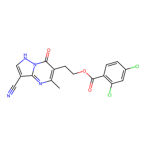 2-(3-cyano-5-methyl-7-oxo-4,7-dihydropyrazolo[1,5-a]pyrimidin-6-yl)ethyl 2,4-dichlorobenzenecarboxylate structure