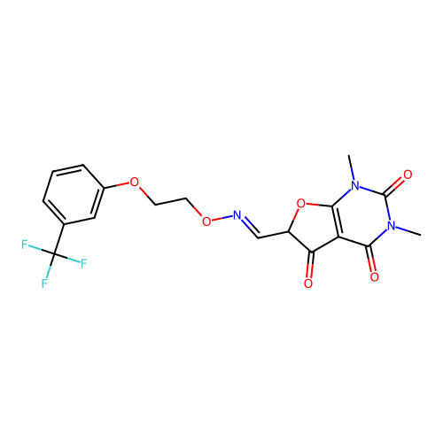 1,3-dimethyl-2,4,5-trioxo-1,2,3,4,5,6-hexahydrofuro[2,3-d]pyrimidine-6-carbaldehyde O-{2-[3-(trifluoromethyl)phenoxy]ethyl}oxime structure
