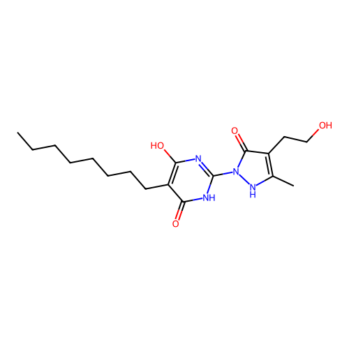 6-hydroxy-2-[4-(2-hydroxyethyl)-3-methyl-5-oxo-2,5-dihydro-1H-pyrazol-1-yl]-5-octyl-4(3H)-pyrimidinone structure
