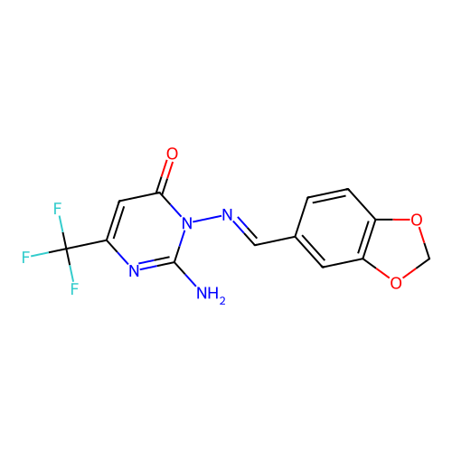 2-amino-3-{[(E)-1,3-benzodioxol-5-ylmethylidene]amino}-6-(trifluoromethyl)-4(3H)-pyrimidinone structure