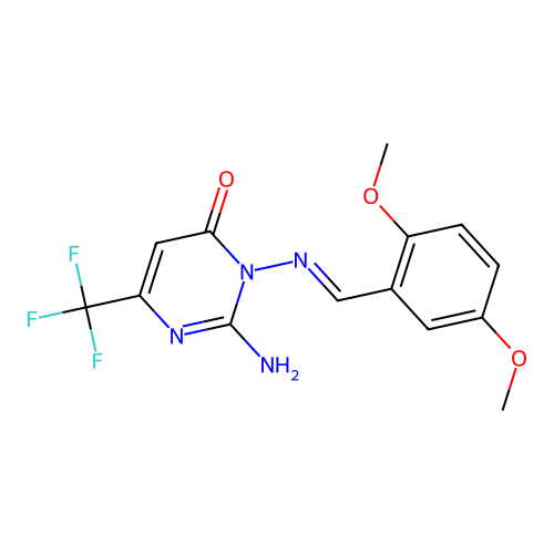 2-amino-3-[(2,5-dimethoxyphenyl)methylideneamino]-6-(trifluoromethyl)pyrimidin-4-one structure