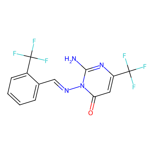 2-amino-6-(trifluoromethyl)-3-[[2-(trifluoromethyl)phenyl]methylideneamino]pyrimidin-4-one structure