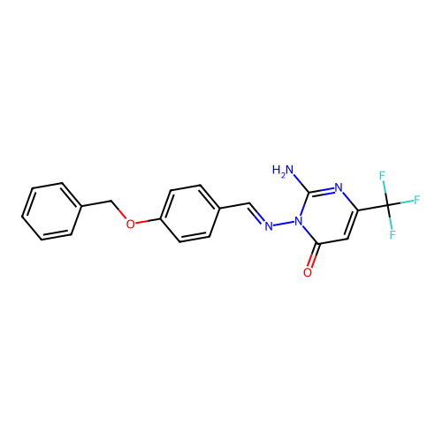 2-amino-3-({(E)-[4-(benzyloxy)phenyl]methylidene}amino)-6-(trifluoromethyl)-4(3H)-pyrimidinone structure