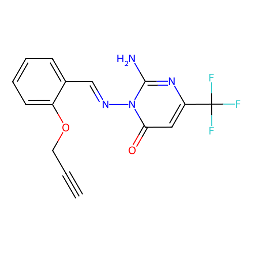 2-amino-3-[(2-prop-2-ynoxyphenyl)methylideneamino]-6-(trifluoromethyl)pyrimidin-4-one structure