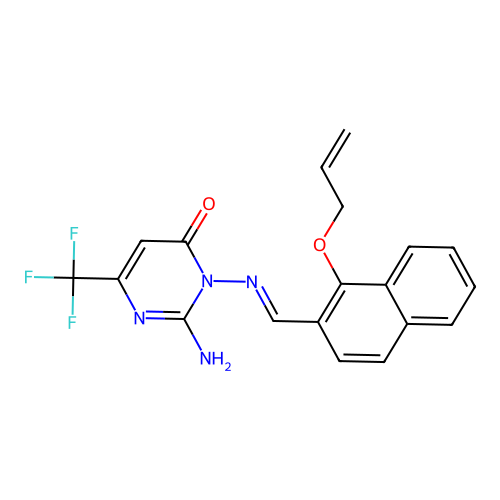 3-({(E)-[1-(allyloxy)-2-naphthyl]methylidene}amino)-2-amino-6-(trifluoromethyl)-4(3H)-pyrimidinone structure