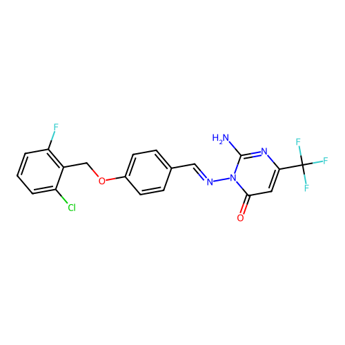 2-amino-3-[((E)-{4-[(2-chloro-6-fluorobenzyl)oxy]phenyl}methylidene)amino]-6-(trifluoromethyl)-4(3H)-pyrimidinone structure