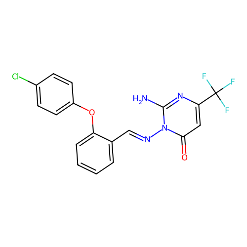 2-amino-3-[[2-(4-chlorophenoxy)phenyl]methylideneamino]-6-(trifluoromethyl)pyrimidin-4-one structure