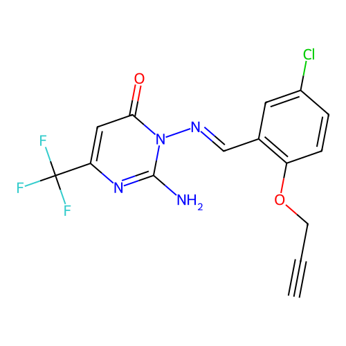 2-amino-3-({(E)-[5-chloro-2-(2-propynyloxy)phenyl]methylidene}amino)-6-(trifluoromethyl)-4(3H)-pyrimidinone structure