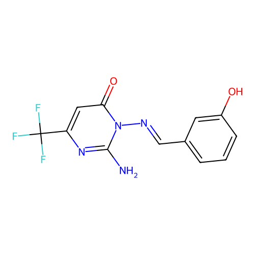 2-Amino-3-[(3-hydroxyphenyl)methylideneamino]-6-(trifluoromethyl)pyrimidin-4-one structure