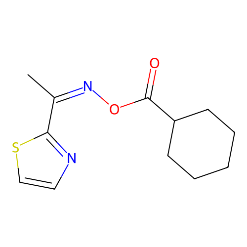 Cyclohexanecarboxylic acid [1-(2-thiazolyl)ethylideneamino] ester structure