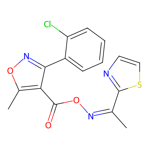 [1-(1,3-thiazol-2-yl)ethylideneamino] 3-(2-chlorophenyl)-5-methyl-1,2-oxazole-4-carboxylate structure