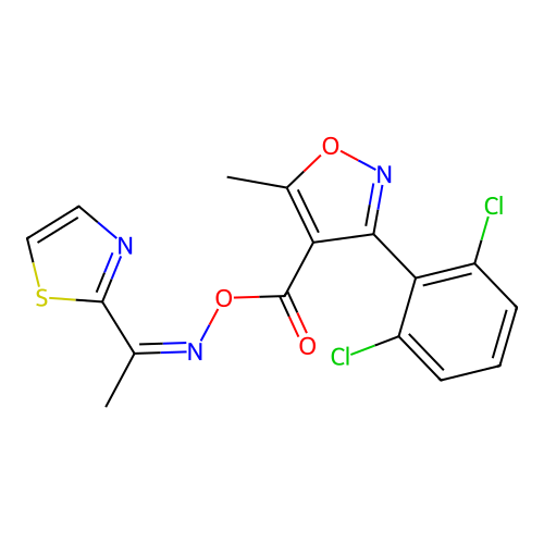 [1-(1,3-thiazol-2-yl)ethylideneamino] 3-(2,6-dichlorophenyl)-5-methyl-1,2-oxazole-4-carboxylate structure