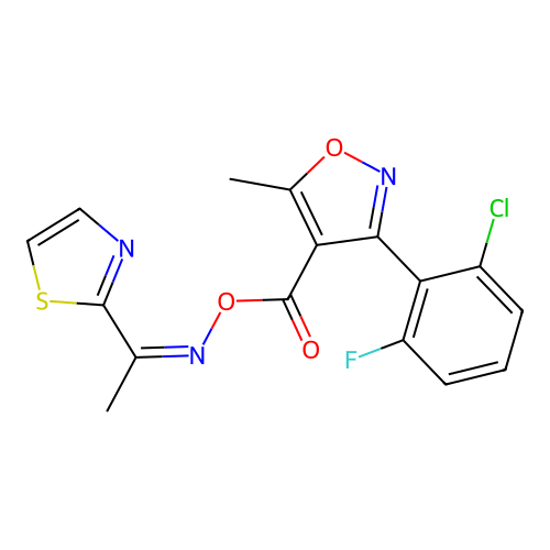 [1-(1,3-thiazol-2-yl)ethylideneamino] 3-(2-chloro-6-fluorophenyl)-5-methyl-1,2-oxazole-4-carboxylate structure