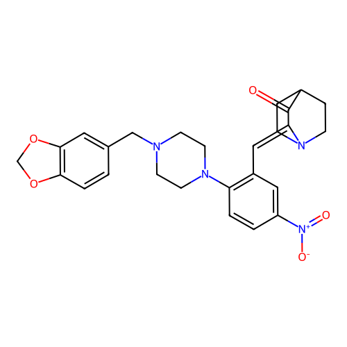 2-({2-[4-(1,3-benzodioxol-5-ylmethyl)piperazino]-5-nitrophenyl}methylene)-3-quinuclidinone structure