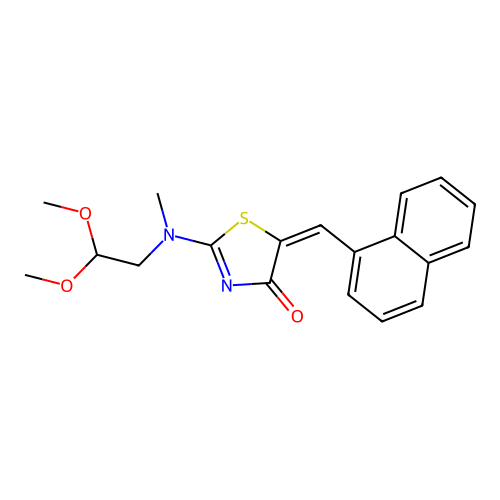 2-[2,2-dimethoxyethyl(methyl)amino]-5-(naphthalen-1-ylmethylidene)-1,3-thiazol-4-one structure