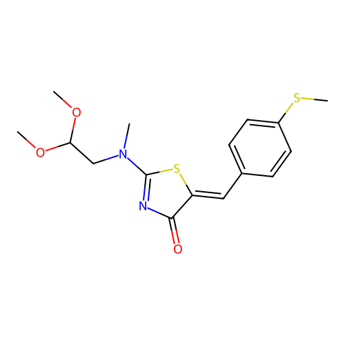 2-(2,2-dimethoxyethyl-methyl-amino)-5-[(4-methylsulfanylphenyl)methylidene]-1,3-thiazol-4-one structure