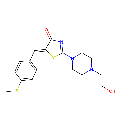 2-[4-(2-hydroxyethyl)piperazino]-5-{(E)-[4-(methylsulfanyl)phenyl]methylidene}-1,3-thiazol-4(5H)-one structure