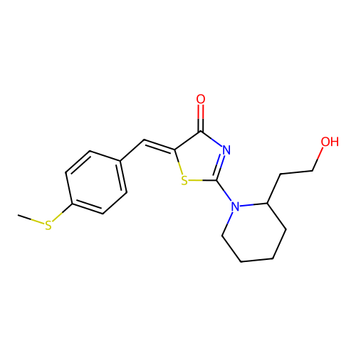 2-[2-(2-hydroxyethyl)piperidino]-5-{(E)-[4-(methylsulfanyl)phenyl]methylidene}-1,3-thiazol-4(5H)-one structure