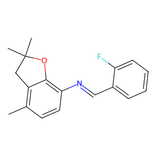 N-[(E)-(2-fluorophenyl)methylidene]-2,2,4-trimethyl-2,3-dihydro-1-benzofuran-7-amine structure