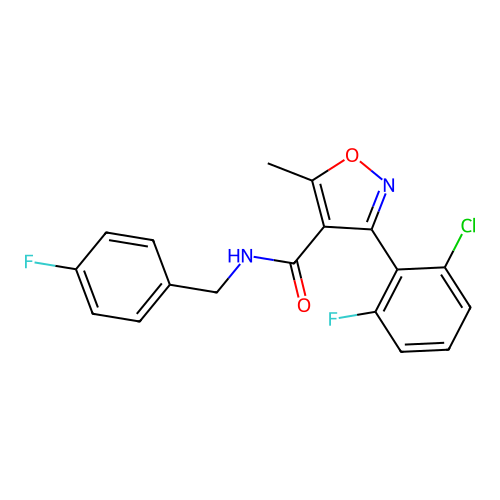 3-(2-chloro-6-fluorophenyl)-N-[(4-fluorophenyl)methyl]-5-methyl-1,2-oxazole-4-carboxamide structure