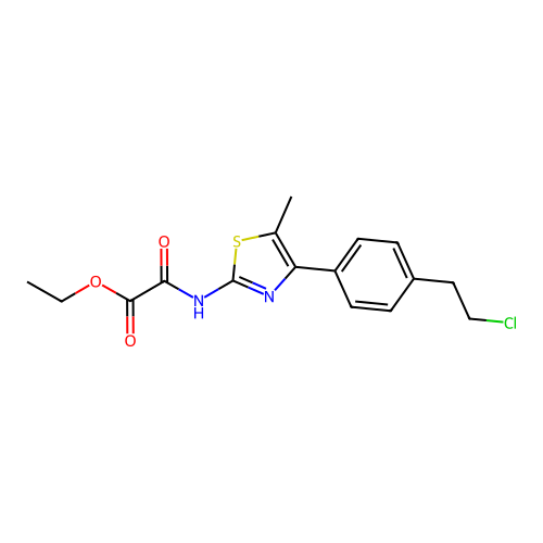 ethyl 2-({4-[4-(2-chloroethyl)phenyl]-5-methyl-1,3-thiazol-2-yl}amino)-2-oxoacetate structure