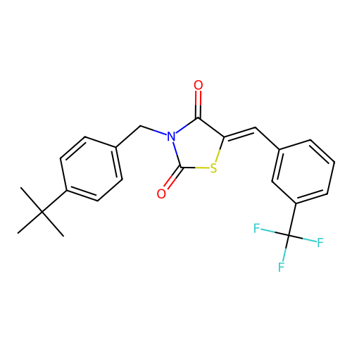3-[(4-tert-butylphenyl)methyl]-5-[[3-(trifluoromethyl)phenyl]methylidene]-1,3-thiazolidine-2,4-dione structure