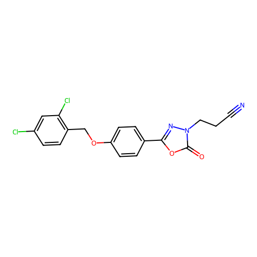 3-[5-{4-[(2,4-dichlorobenzyl)oxy]phenyl}-2-oxo-1,3,4-oxadiazol-3(2H)-yl]propanenitrile structure
