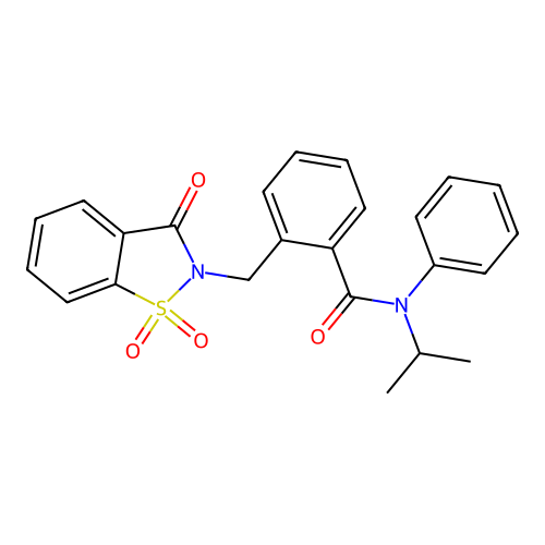 N-isopropyl-N-phenyl-2-[(1,1,3-trioxo-1,3-dihydro-2H-1,2-benzisothiazol-2-yl)methyl]benzenecarboxamide structure