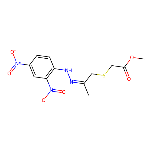 methyl 2-({2-[(Z)-2-(2,4-dinitrophenyl)hydrazono]propyl}sulfanyl)acetate structure