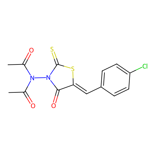 N-acetyl-N-{5-[(Z)-(4-chlorophenyl)methylidene]-4-oxo-2-thioxo-1,3-thiazolan-3-yl}acetamide structure