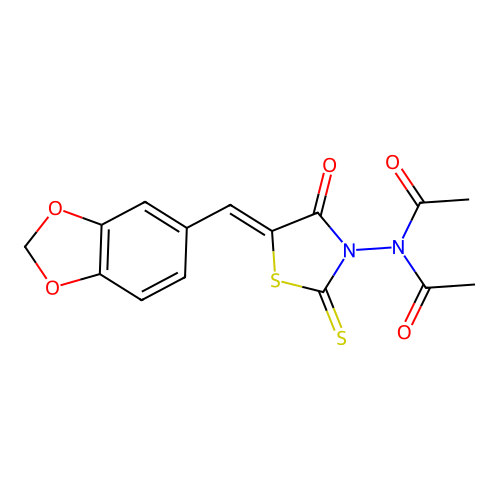 N-acetyl-N-{5-[(Z)-1,3-benzodioxol-5-ylmethylidene]-4-oxo-2-thioxo-1,3-thiazolan-3-yl}acetamide structure