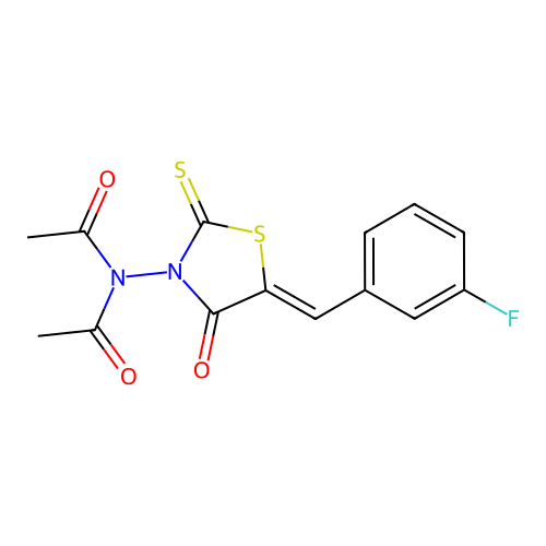 N-acetyl-N-{5-[(Z)-(3-fluorophenyl)methylidene]-4-oxo-2-thioxo-1,3-thiazolan-3-yl}acetamide structure
