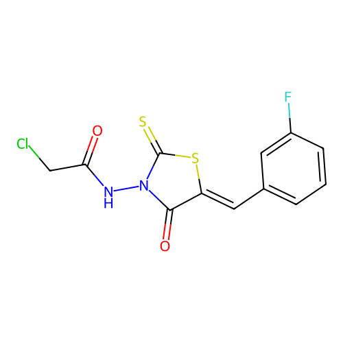 2-chloro-N-{5-[(3-fluorophenyl)methylidene]-4-oxo-2-sulfanylidene-1,3-thiazolidin-3-yl}acetamide structure