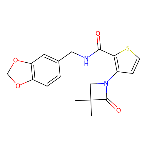 N-(1,3-benzodioxol-5-ylmethyl)-3-(3,3-dimethyl-2-oxo-1-azetanyl)-2-thiophenecarboxamide structure