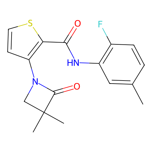 3-(3,3-dimethyl-2-oxo-1-azetanyl)-N-(2-fluoro-5-methylphenyl)-2-thiophenecarboxamide structure